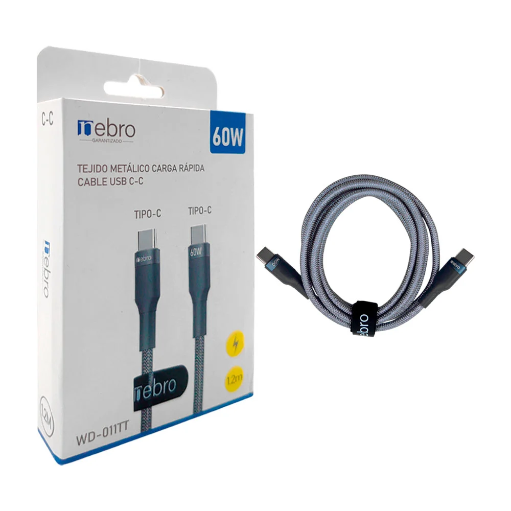 Cable nebro tejido metálico de carga rápida de usb-c a c, 60w de 1.2m / wd-011tt