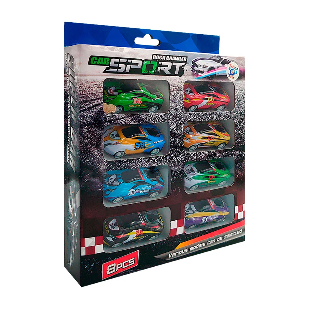 Paquete con 8 mini carritos deportivos de plástico a fricción, color surtido