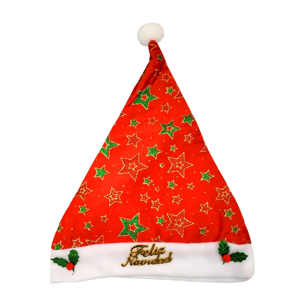 Gorro navideño con estrellas de diamantina frase de feliz navidad y decoración