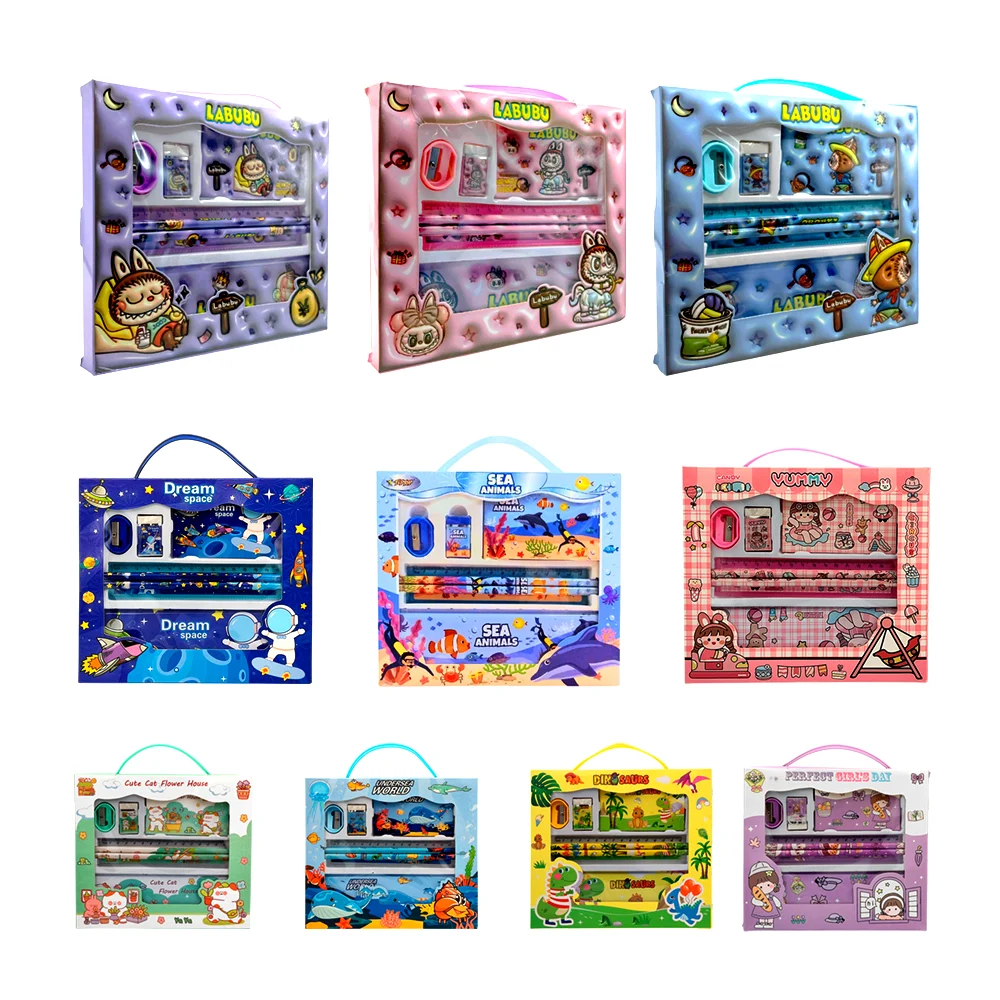 Kit de papelería con estuche metálico, 2 lápices, regla, borrador, sacapuntas y mini libreta, variedad de modelos / 285628 / labubu / 8002 / hl-wj9047