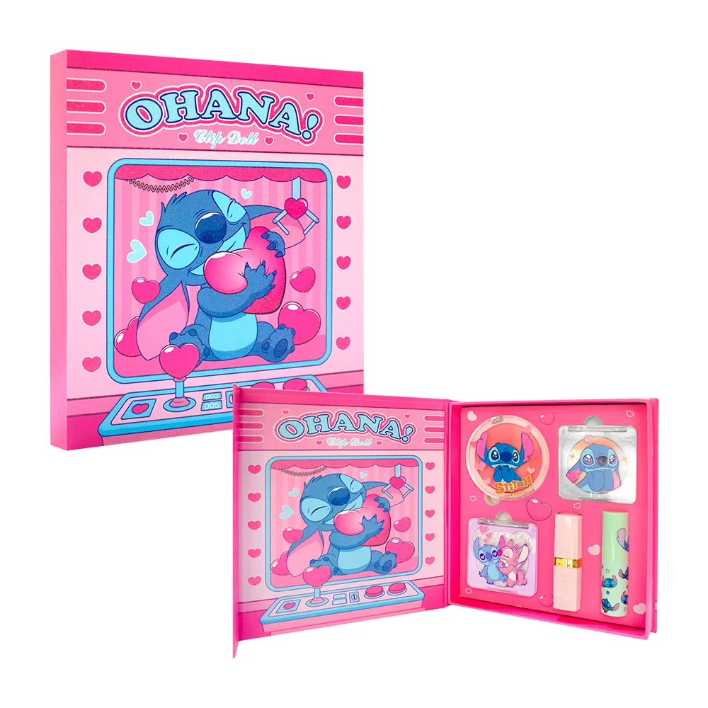 Kit de belleza stitch con polvo compacto, rubor, iluminador, labial y brillo