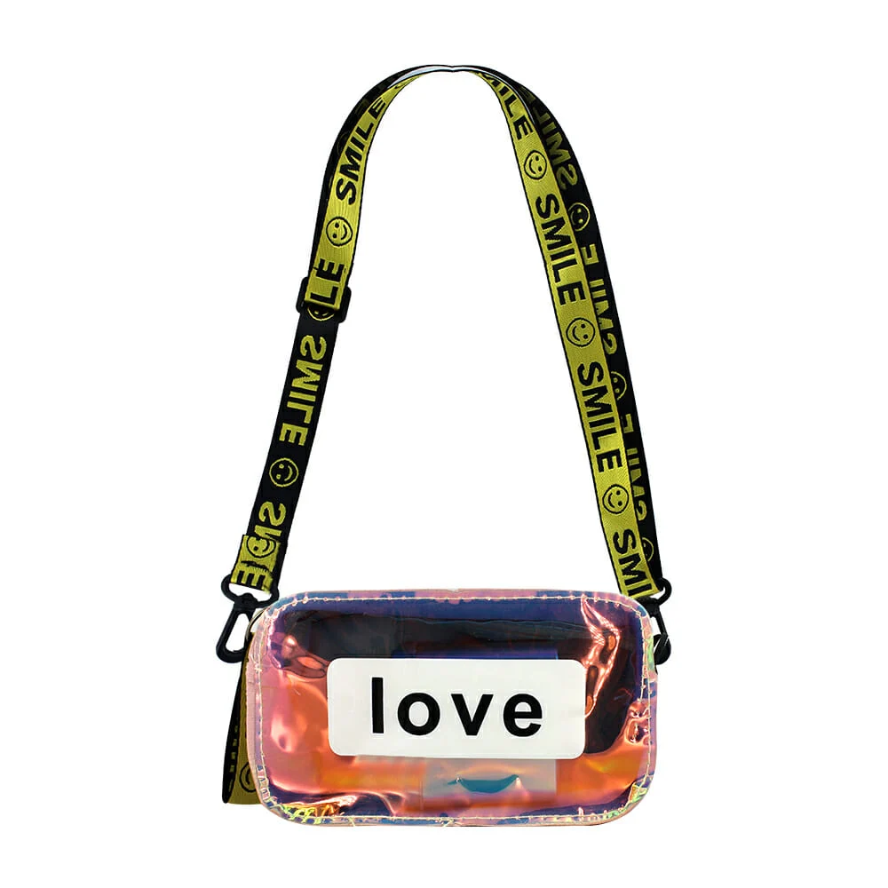 Bolsa de mano, efecto tornasol, frase LOVE, bolsa traslucida, variedad de colores / zm-0008