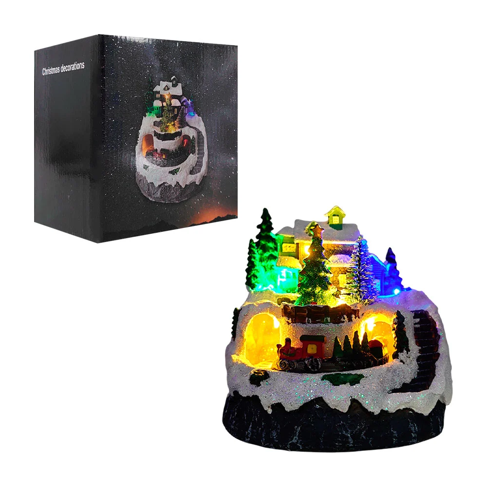 Adorno decorativo músical navideño villa con pinos y nieve, tren móvil con luz
