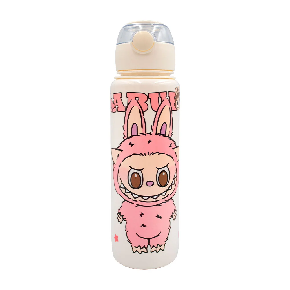 Botella de plástico, con asa de tela, popote plegable y estampado de labubus