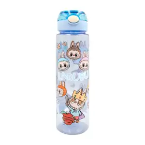 Bote transparente de plástico, con popote plegable, asa y estampado d…