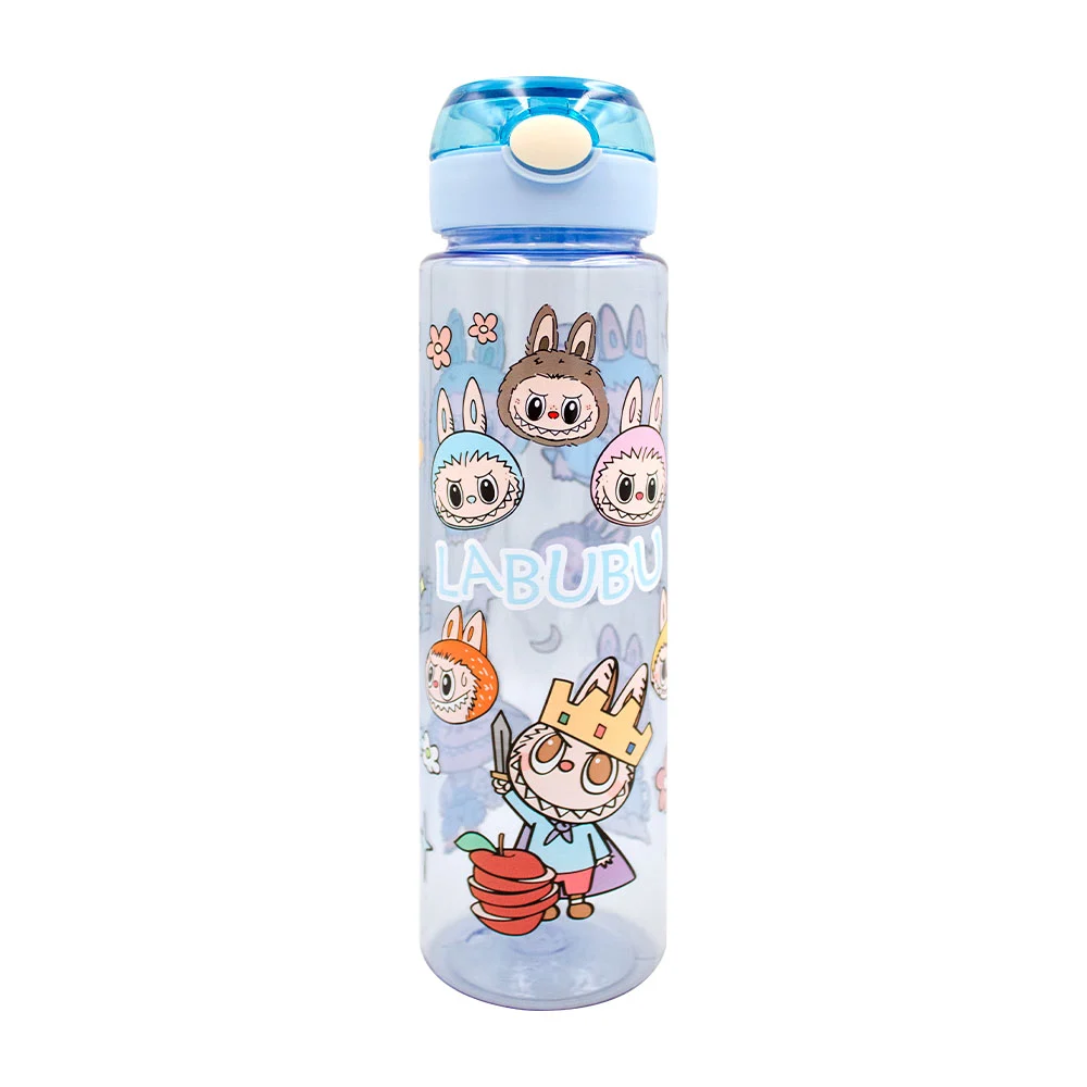 Bote transparente de plástico, con popote plegable, asa y estampado de labubus