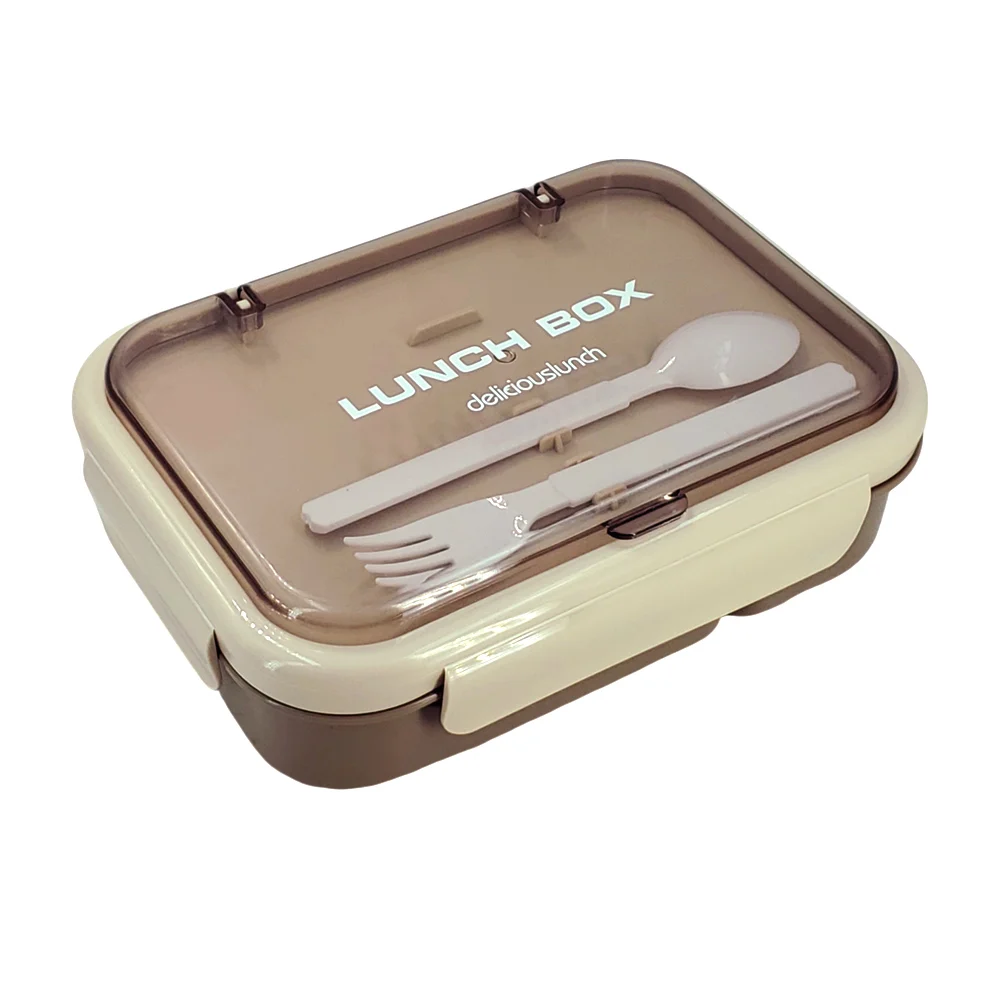 Tupper rectangular con tapa transparente, dos cubiertos y cinco compartimientos