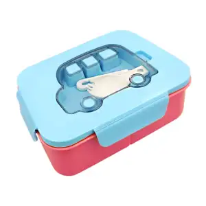 Tupper pequeño bicolor con cubierto, tapa en forma de camión y 3 comp…