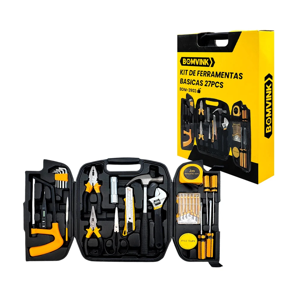 Kit de 27 herramientas con desarmadores, martillo, segueta, pinzas y flexómetro