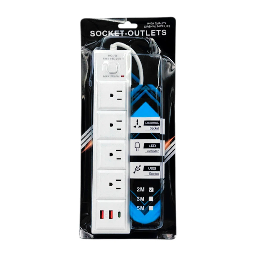 Extensión rectangular con 4 tomacorrientes, 2 entradas usb y 1 entrada tipo c