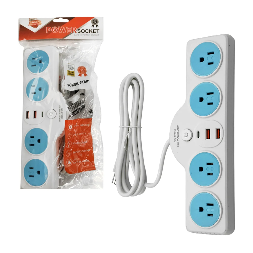 1pza Extensión multicontactos con 4 tomacorrientes, 2 entradas usb y 1 tipo c