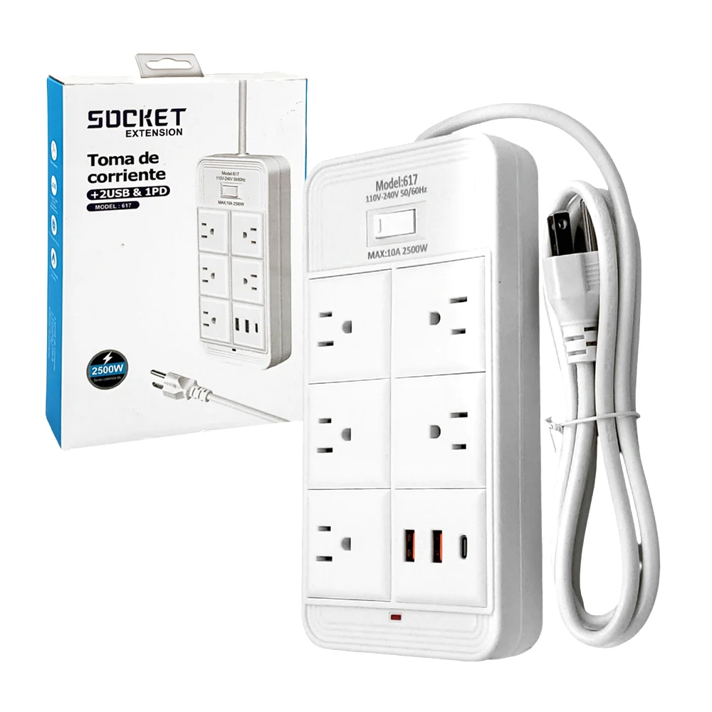 1pza Extensión rectangular con 5 tomacorrientes, 2 puertos usb y 1 puerto tipo c