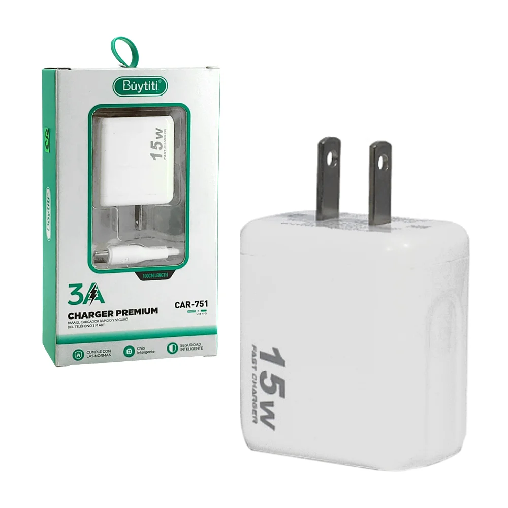 Combo cargador 15w carga rápida, cable usb a tipo-c de 1m / car-751