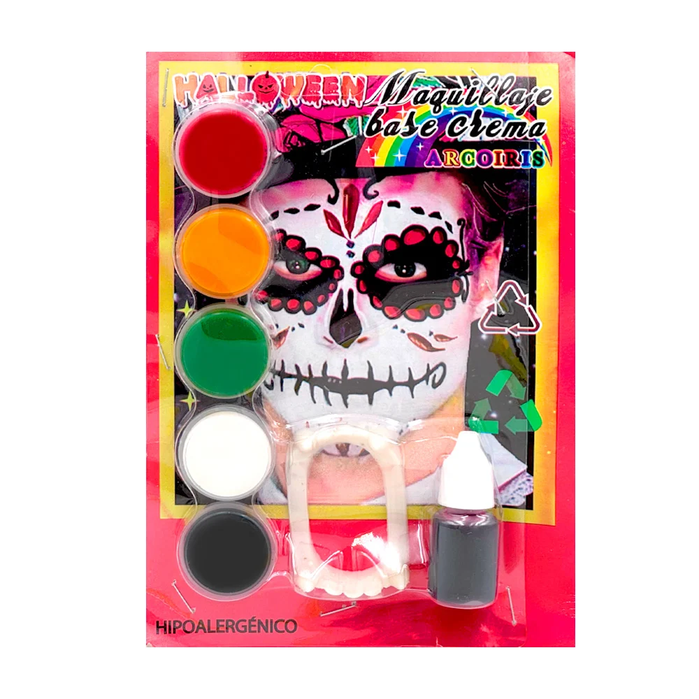 Maquillaje para Halloween mediano infantil con 5 pintura para la piel de colores, colmillos y frasco de sangre falsa / x-3