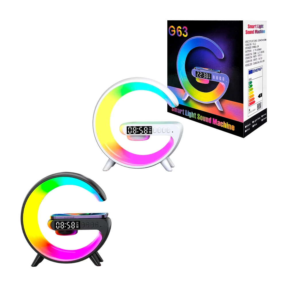 Lámpara bocina chica rgb con cargador inalámbrico y reloj para teléfono celular en forma de g / g63 / xm-8402