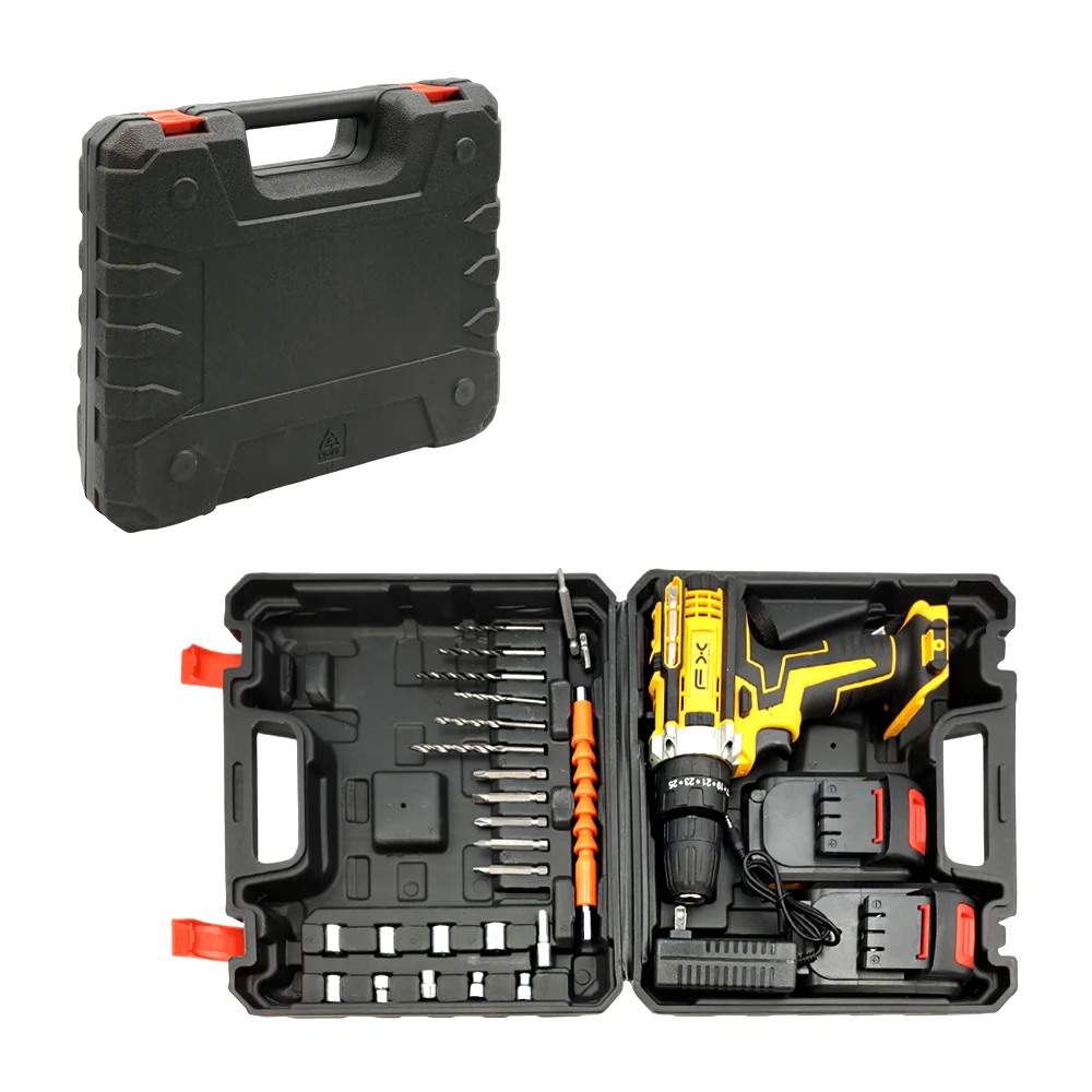 Estuche con taladro fx + 2 baterías, juego de brocas, dados y cargador / gj-345