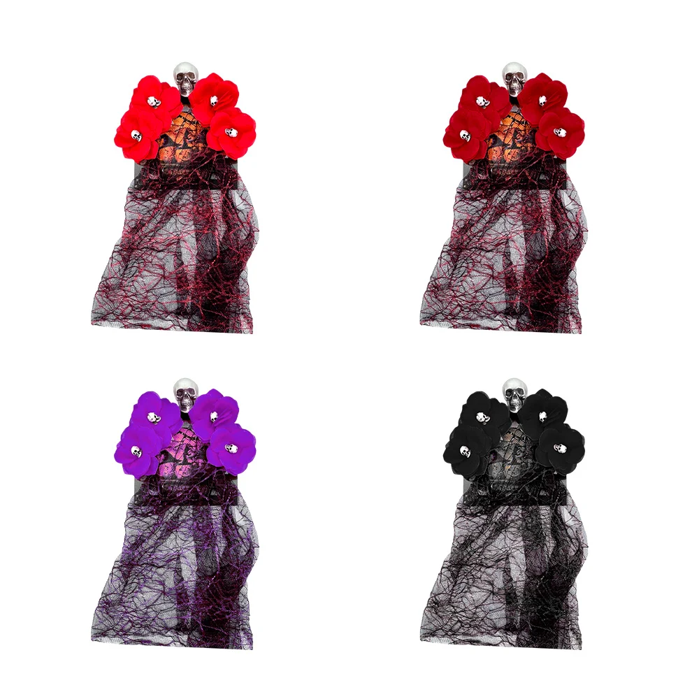 Diadema con flores, calaveras y velo para disfraz de catrina, varios colores