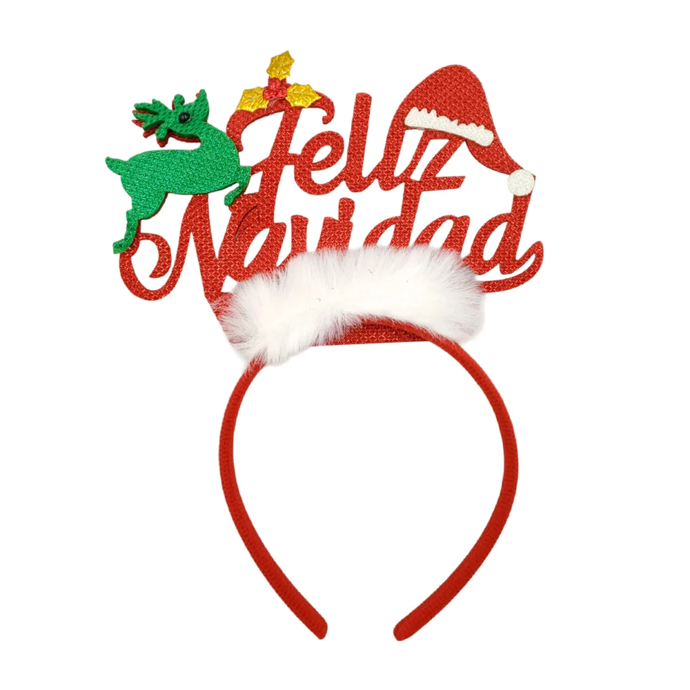 1pza Diadema decorada con reno, peluche y letrero de feliz navidad / j1077