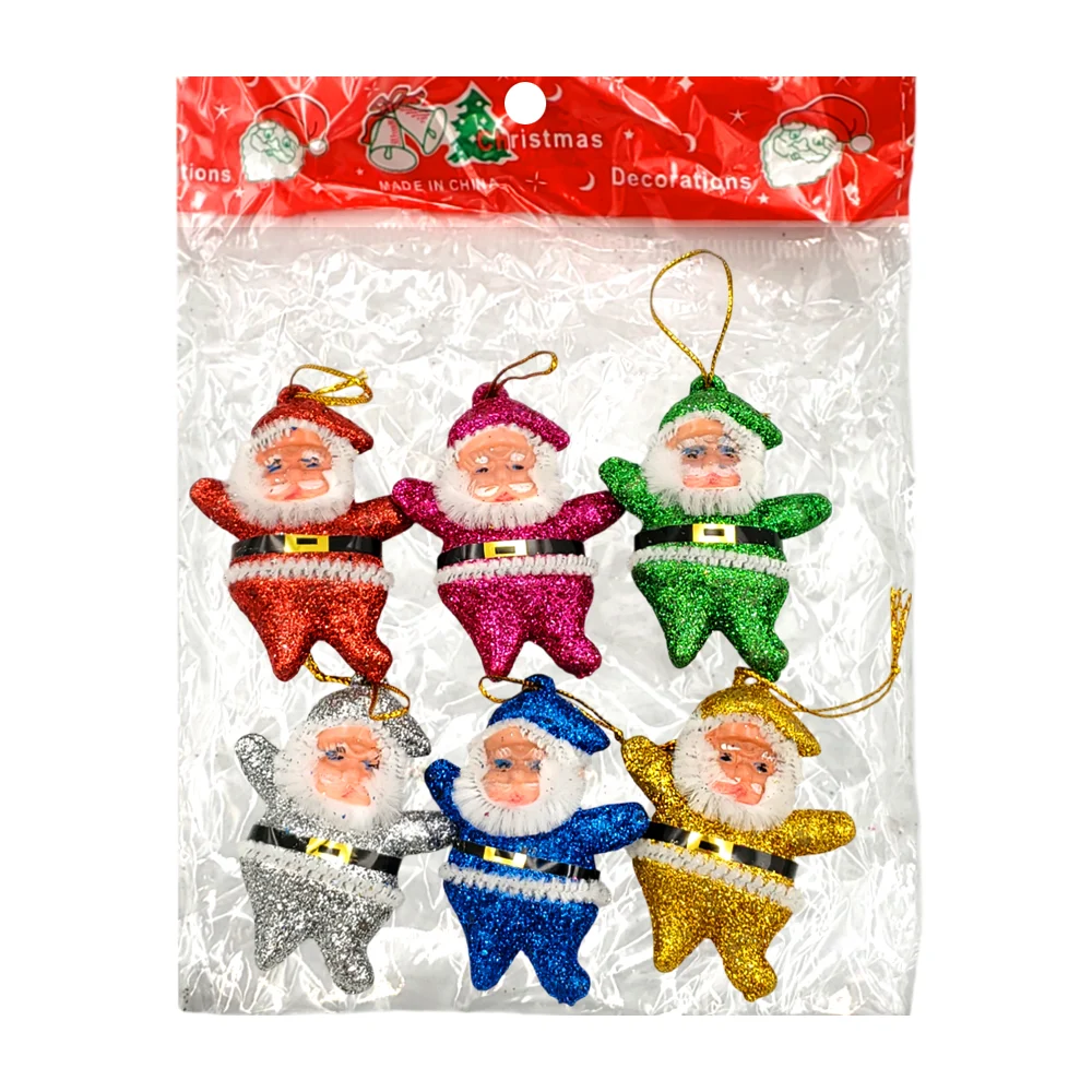 Paquete con 6 adornos colgantes con forma de santa claus con brillantina, 6cm