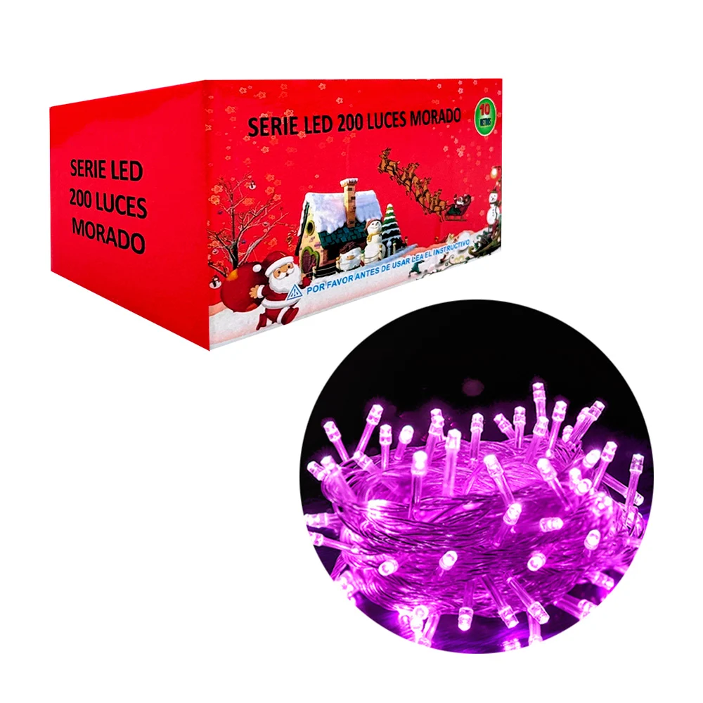 Serie navideña de 10m con cable transparente y 200 luces en color morado / j6124
