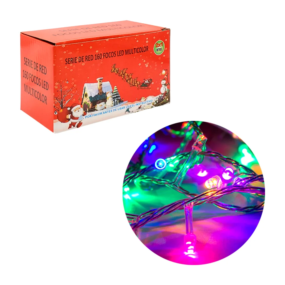 Serie de red navideña de 2x1m con cable transparente y 160 luces multicolor
