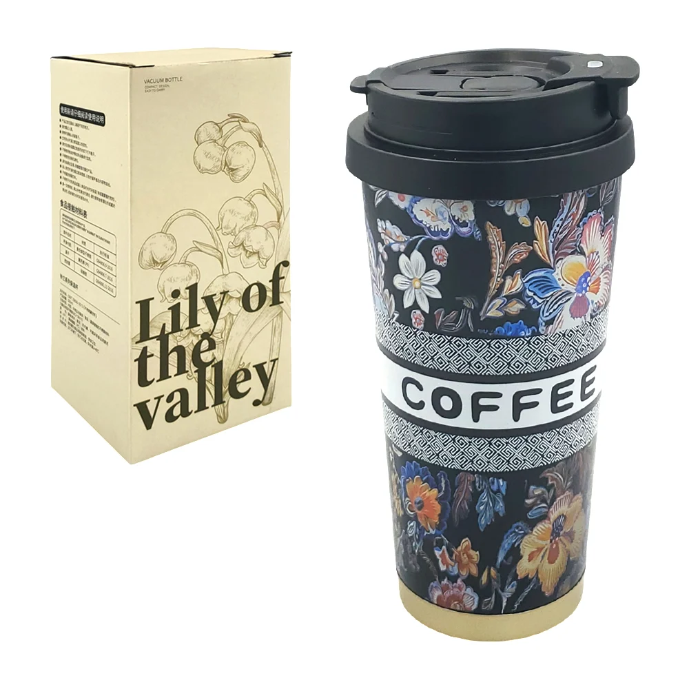 1pza Termo metálico de 500 ml con estampado de flores y texto de coffee