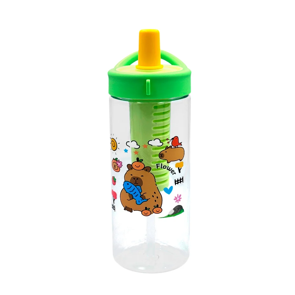 Botella transparente con popote, compartimiento de infusión y estampado / lu1807
