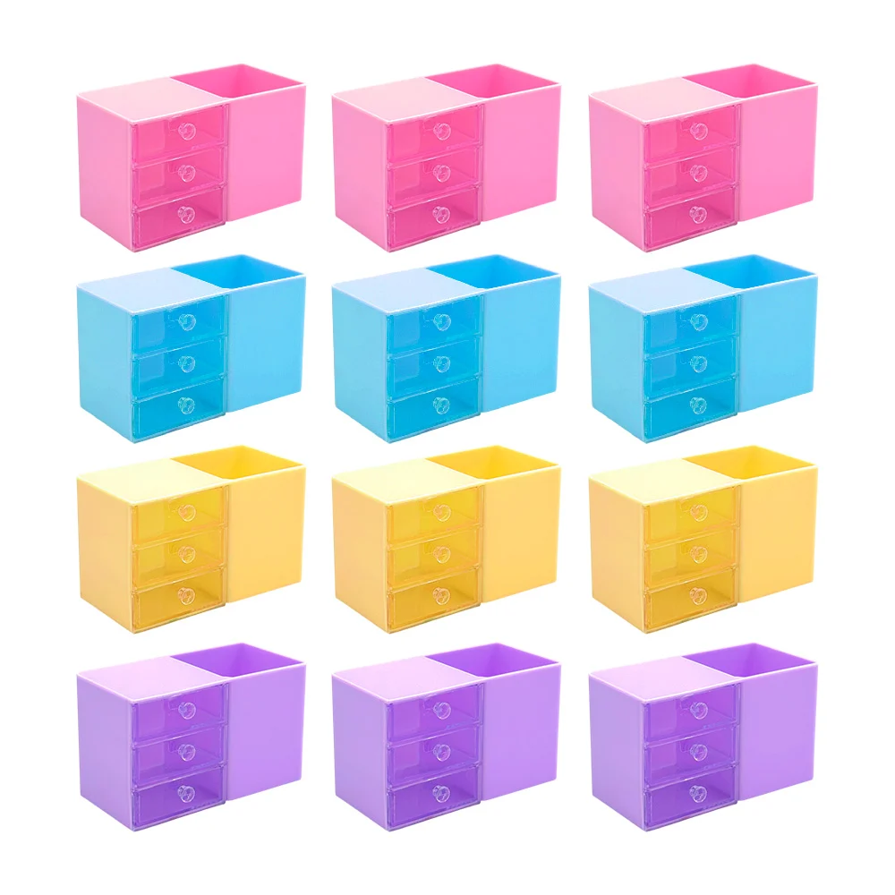 Paquete con 12 mini organizadores de plástico con 3 cajoncitos y calcomanías