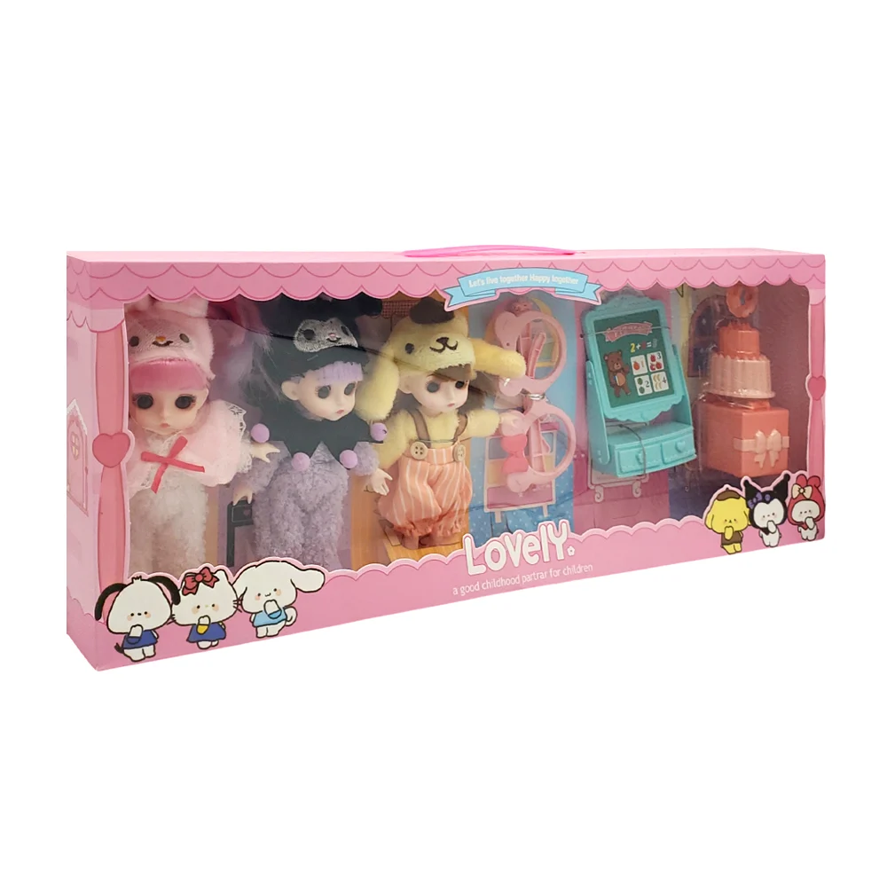 Blíster de 3 muñecas con pijama de personajes, lentes, tocador y accesorios