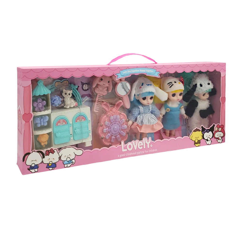 Blíster de 3 muñecas con pijama de personajes, gatito, ropero y accesorios
