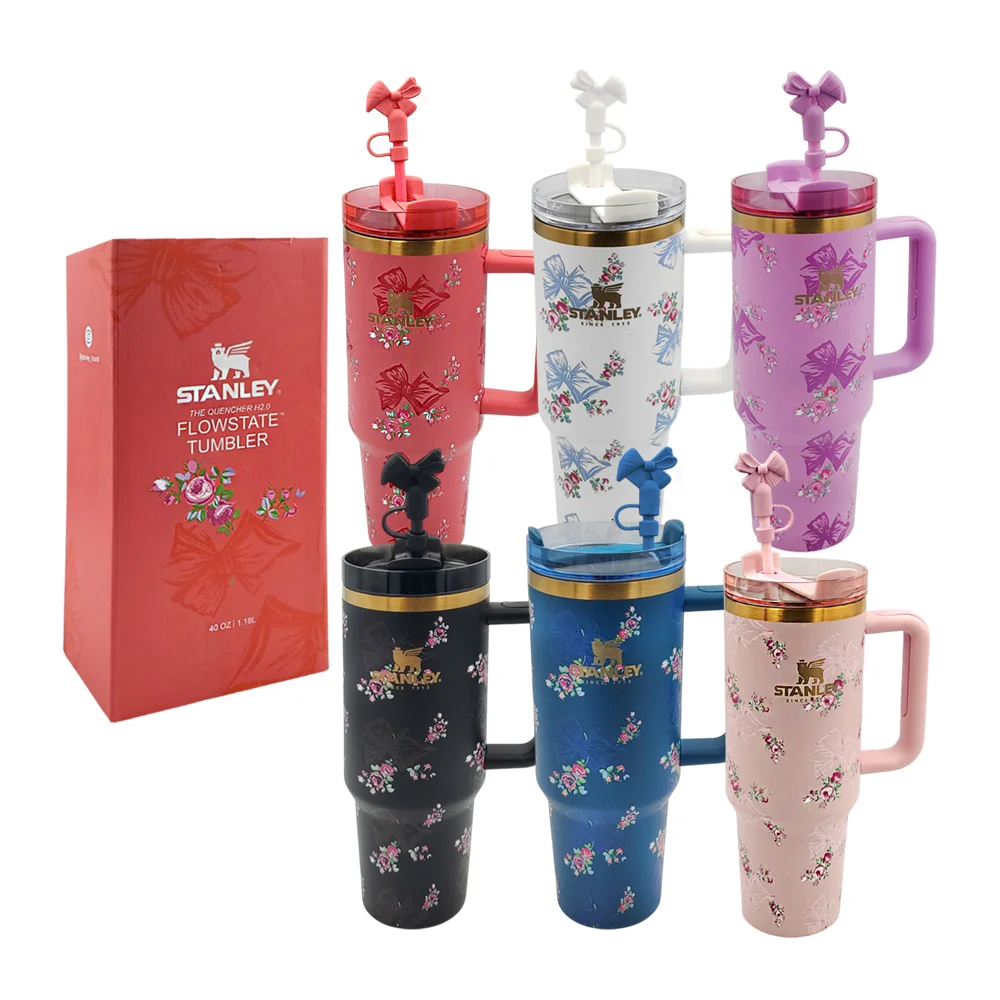 Termo metálico 40oz-1.18l con agarradera, estampado de flores con moño, surtido