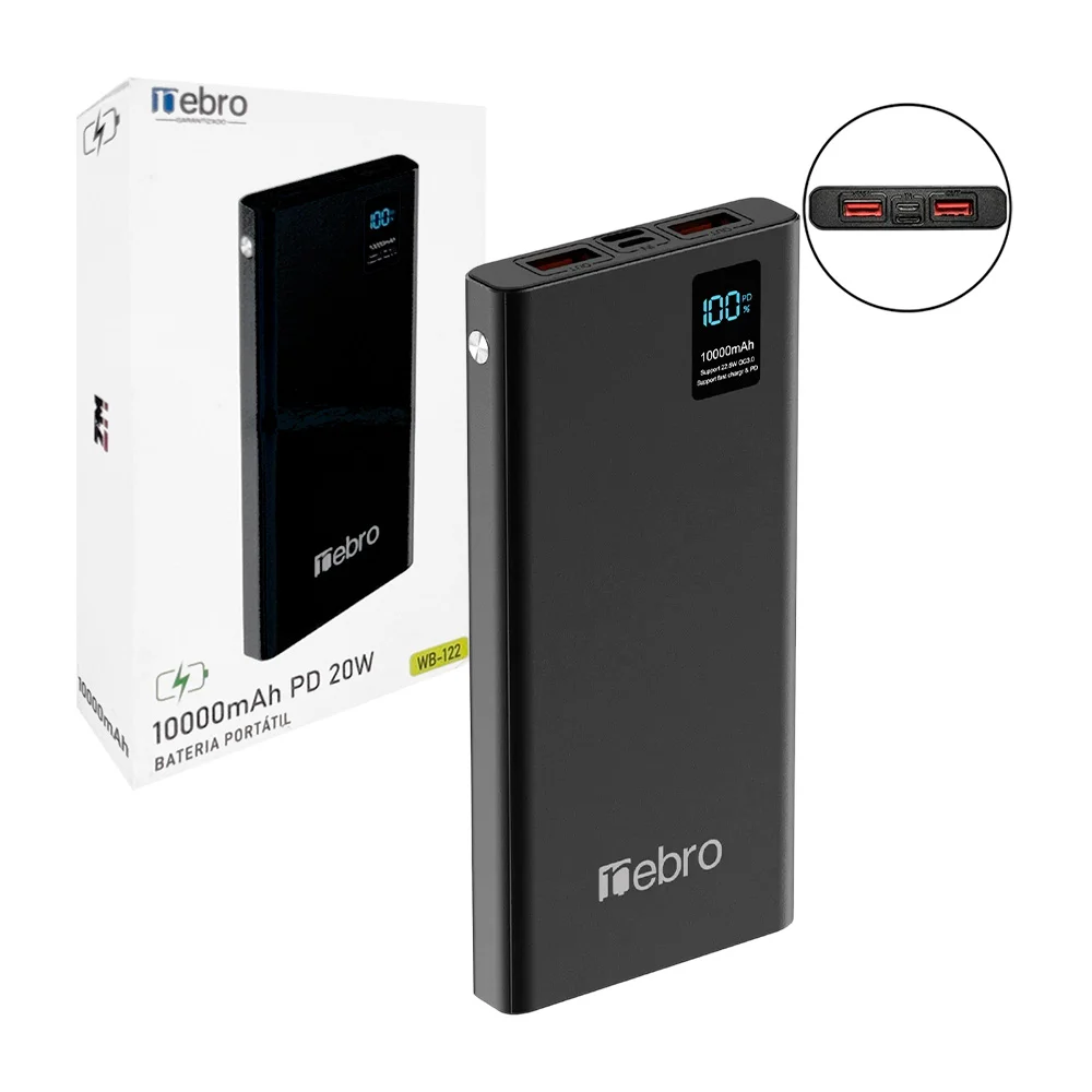 Power bank nebro 10000mah 20w de potencia, pantalla digital, múltiples puertos