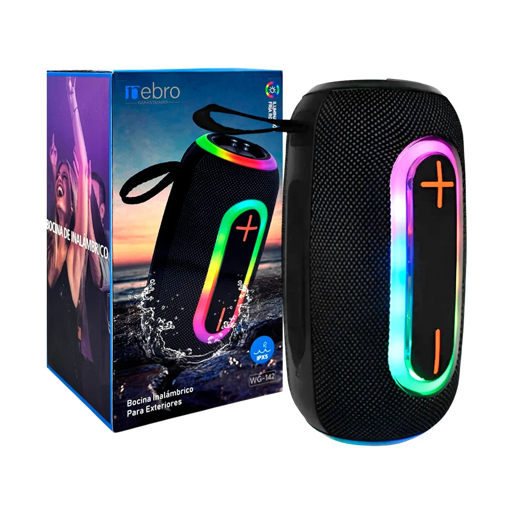 Bocina nebro portátil cilíndrica con luz rgb, bluetooth, ipx5 / wg-142
