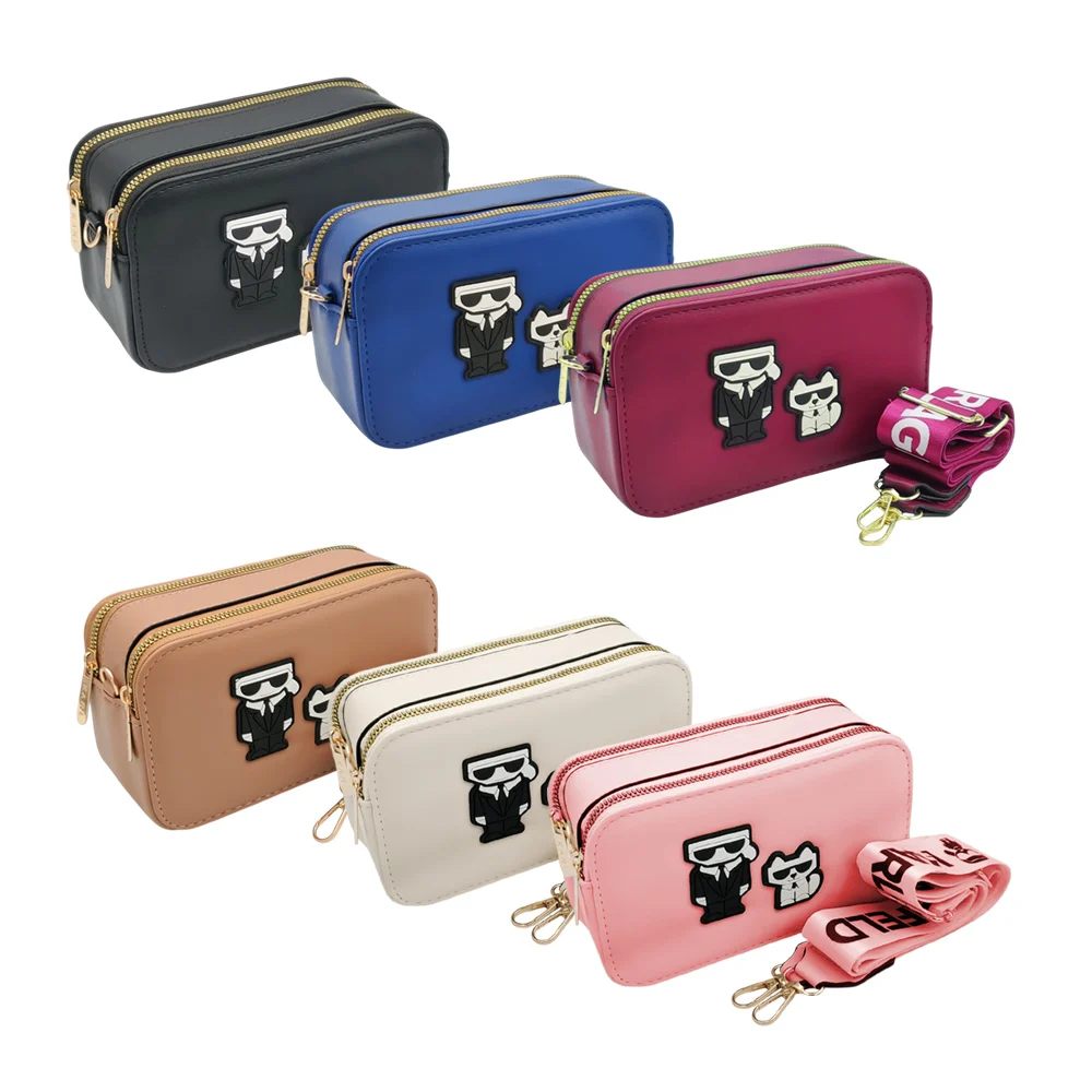 Bolsa de mano rectangular con 2 cierres dorados y correa de monograma / y-115a