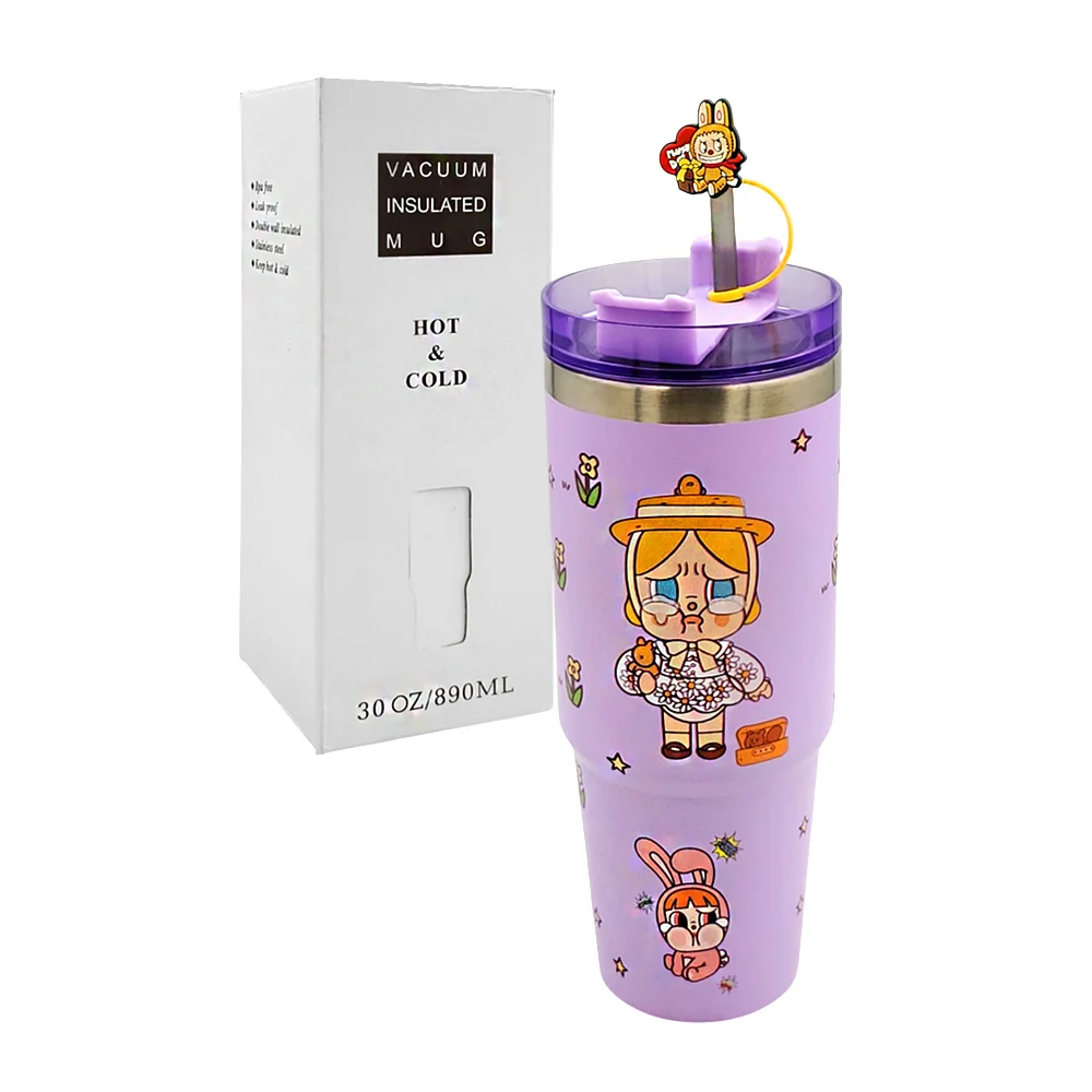 Termo vaso metálico con tapa traslúcida, popote y estampado de personajes