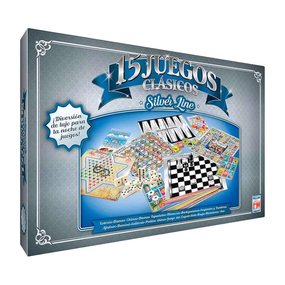 Caja con 15 juegos de mesa clásicos silver line / 011888
