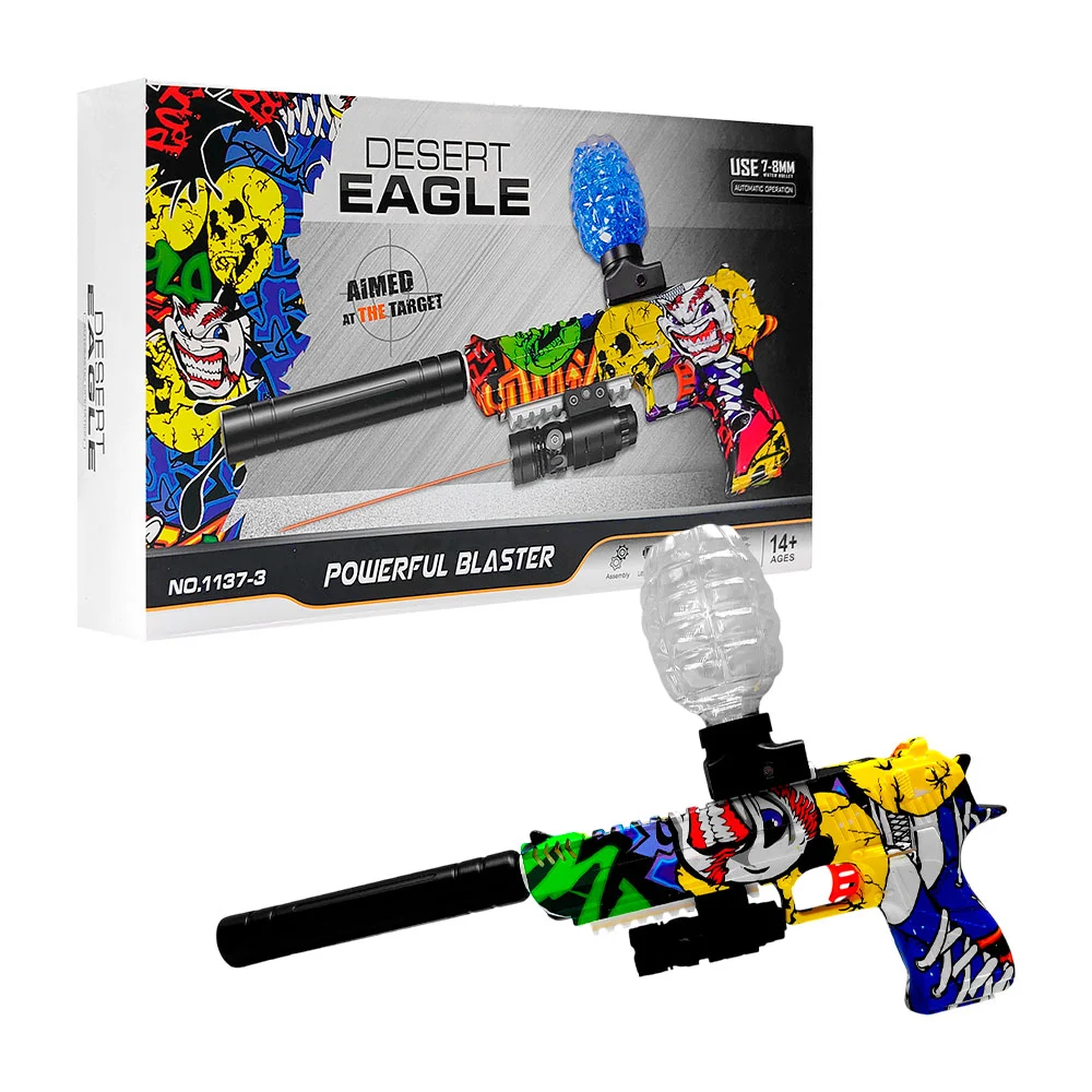 Pistola de juguete, accesorios, balas hidrogel, apuntador, diseño tipo graffiti