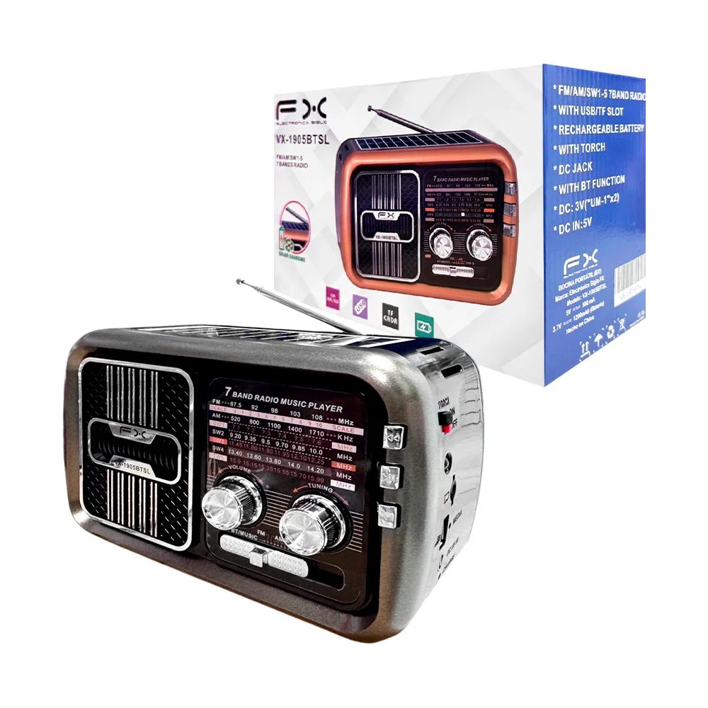 Bocina fx / radio fm-am-sw con puerto usb-tf, antena y panel solar / vx-1905btsl
