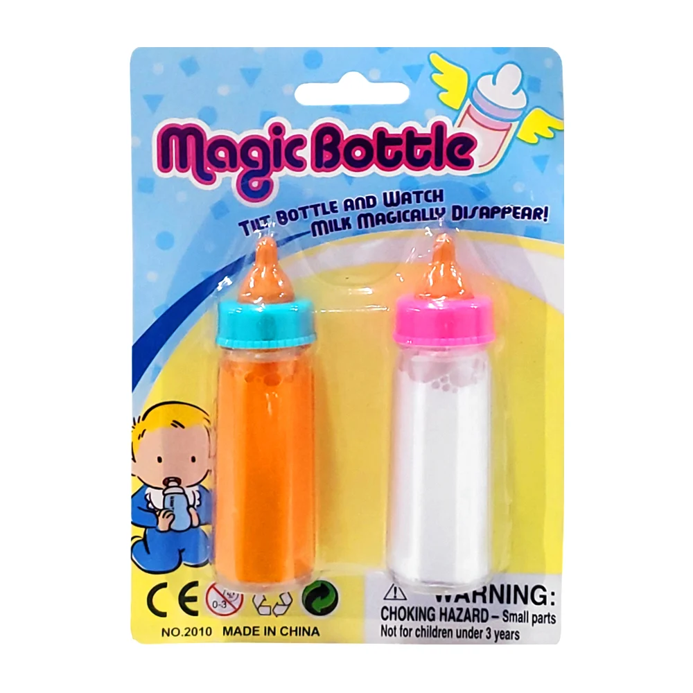 Blíster con 2 biberones / mamilas mágicas de juguete para muñecas / magic bottle