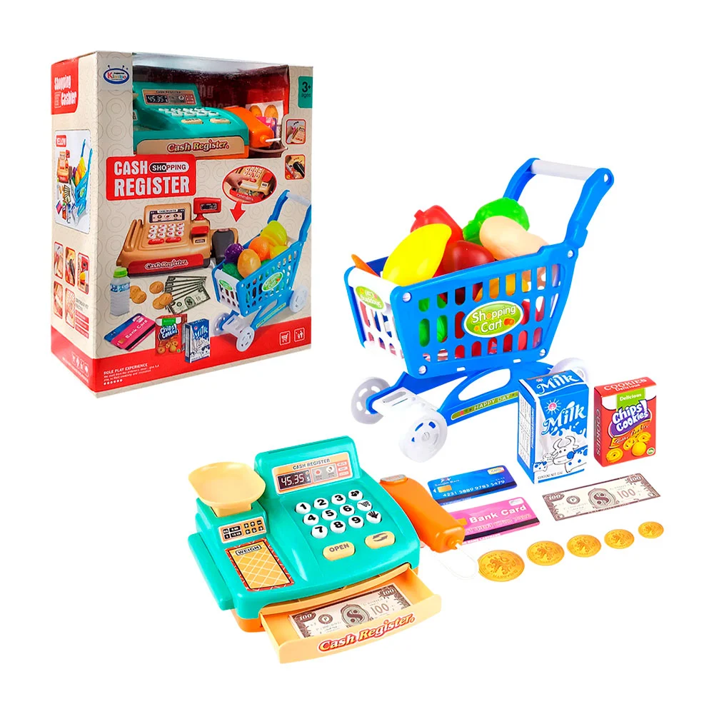 Set de juego tipo super con caja registradora, carrito y accesorios / cash