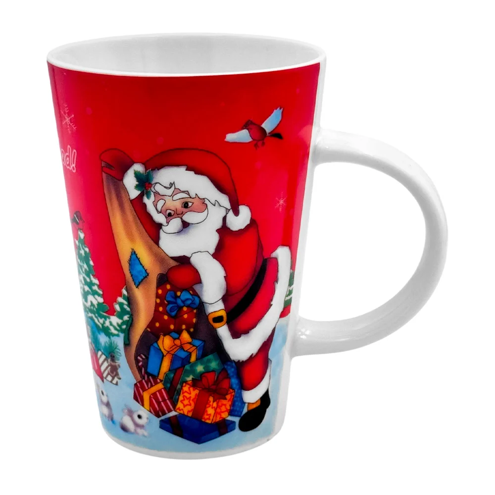 Taza de cerámica larga con estampado navideño de santa claus con regalos y frase