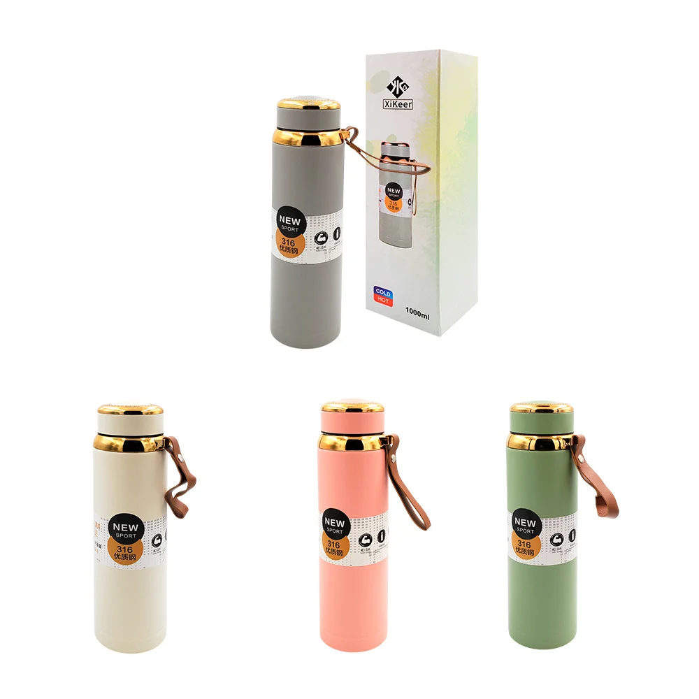 Termo liso 1000ml de acero inoxidable con asa de cuero, variedad de colores