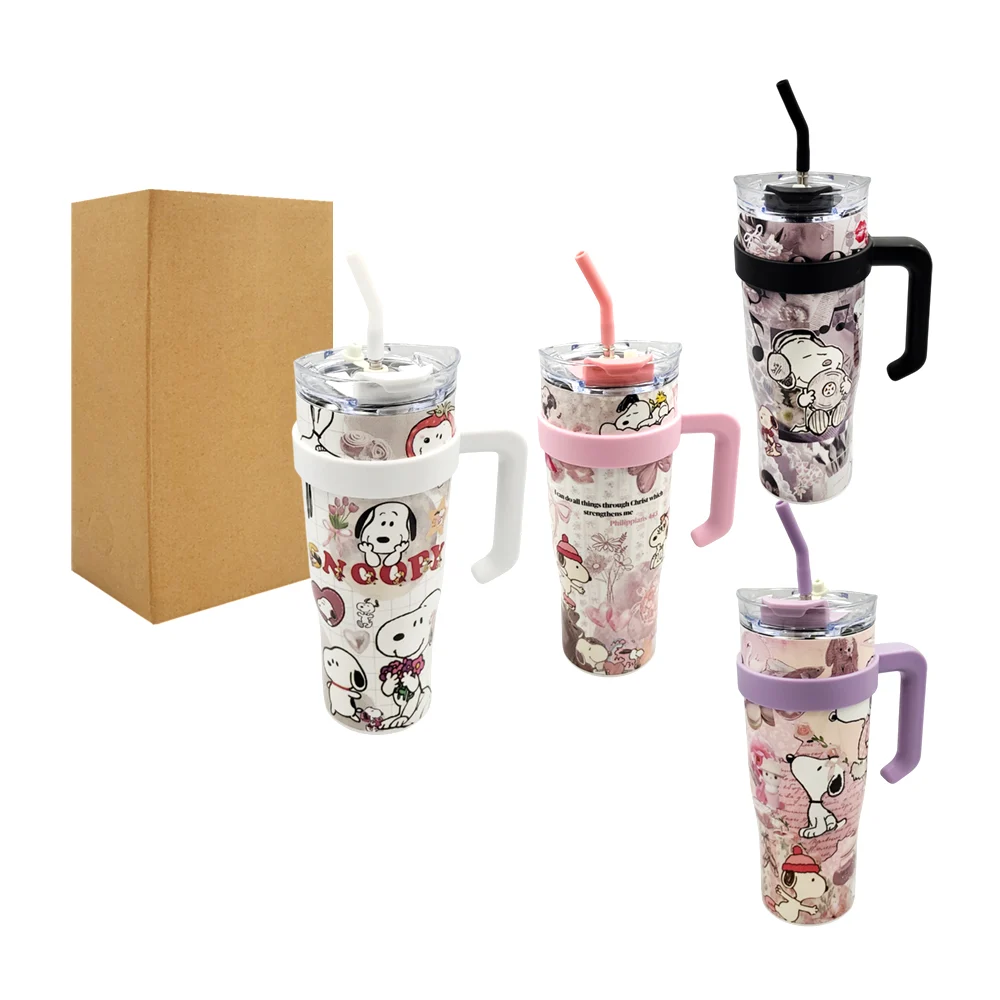 Vaso termo de 40oz, acero inoxidable con estampado de snoopy, asa y popote