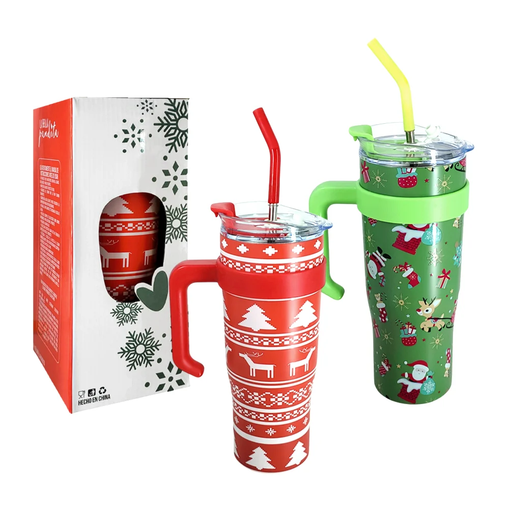 Termo de 40oz con estampado navideño, asa, cierre hermético y popote, variedad