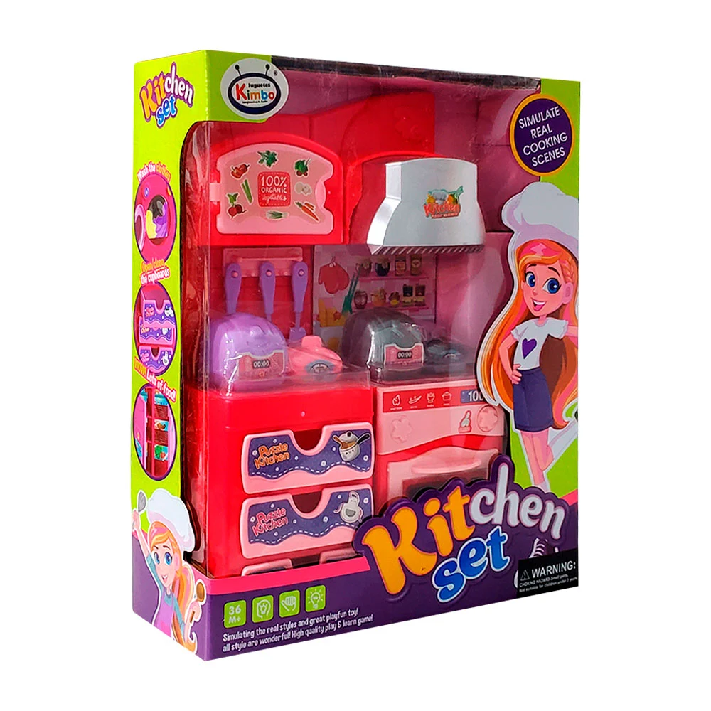 Set de juguete tipo cocinita con luces para muñecas, variedad de accesorios