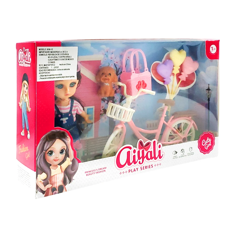 Muñeca aiyali con bicicleta, mascota, bolsa y globos / cute girl / play series