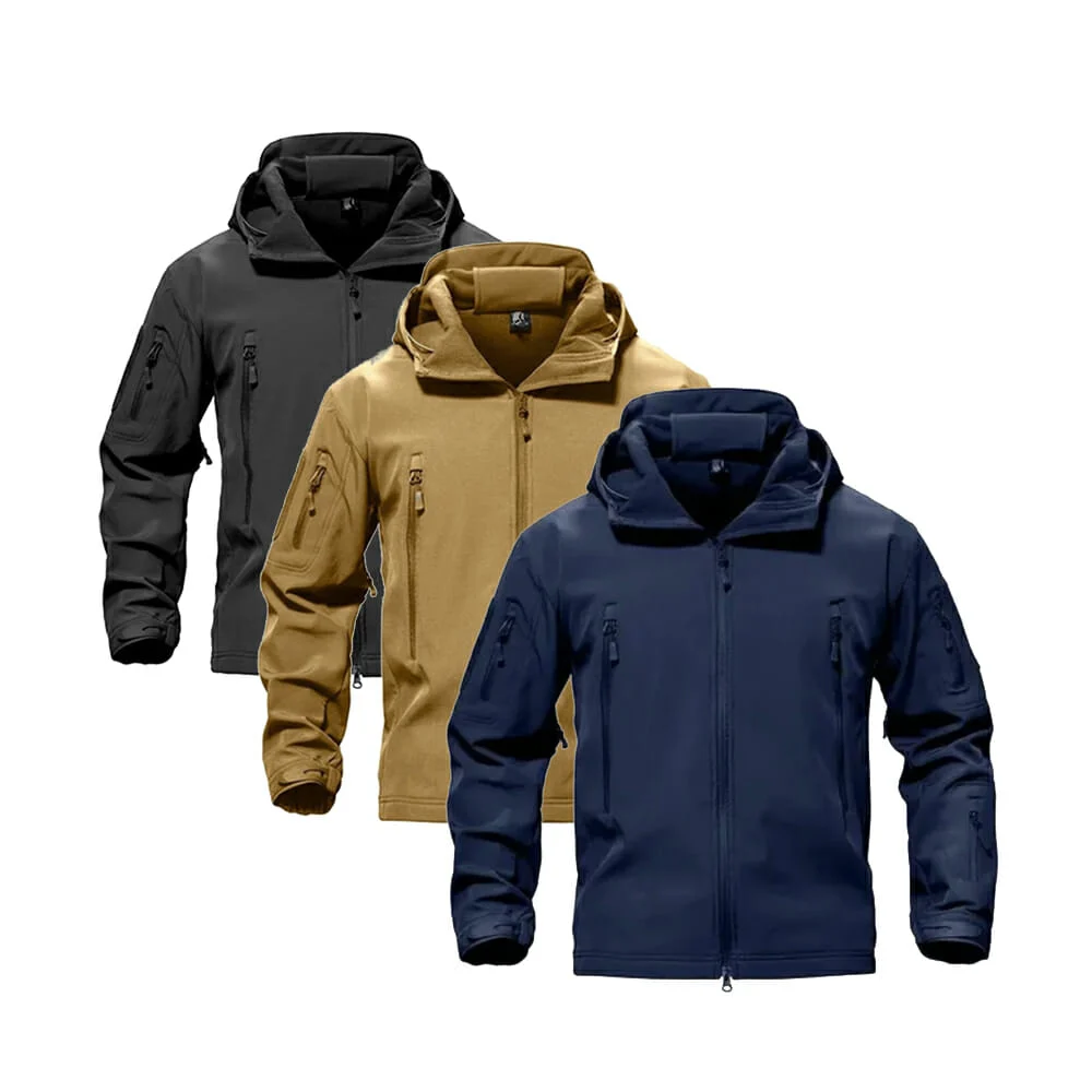 Chamarra táctica impermeable lisa con capucha, velcros y 7 bolsas compartimentos, variedad de colores y tallas / R0X381