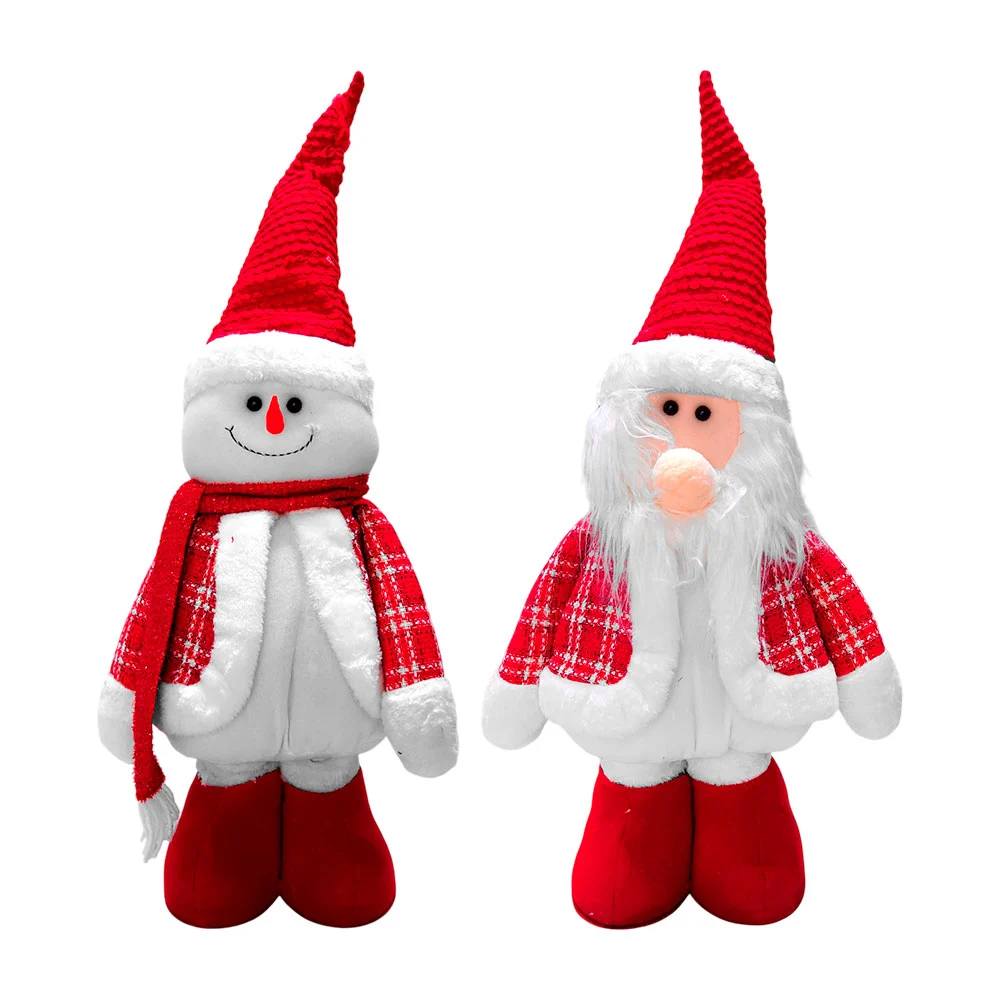 Figura decorativa navideña grande afelpada de santa y muñeco en tonos rojos