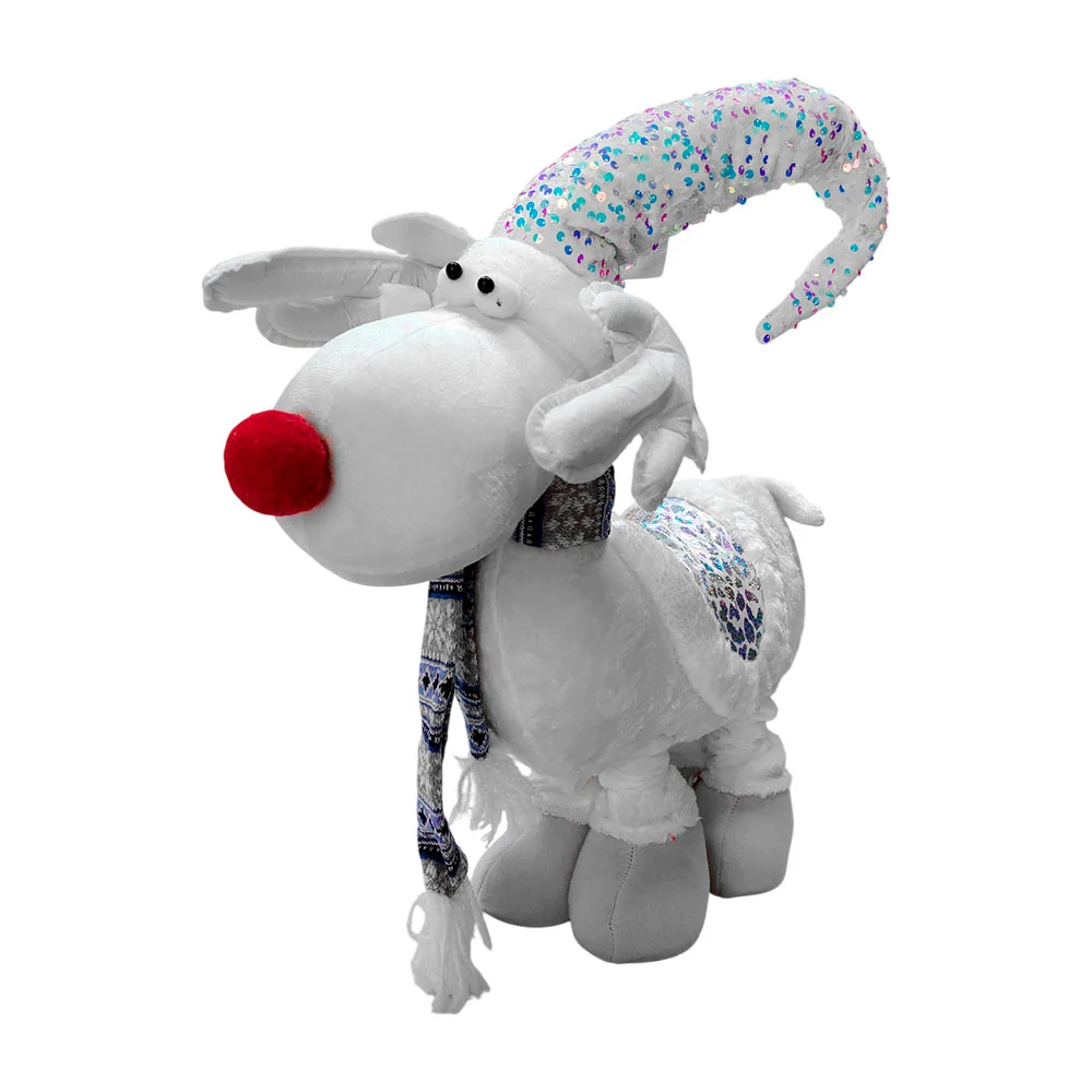 Reno decorativo navideño grande en tonos azules y blancos con lentejuelas