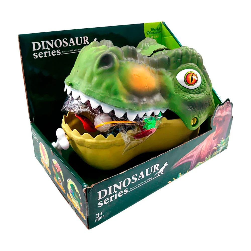 Estuche de cabeza de dinosaurio con set de figuras de dinosaurios y accesorios